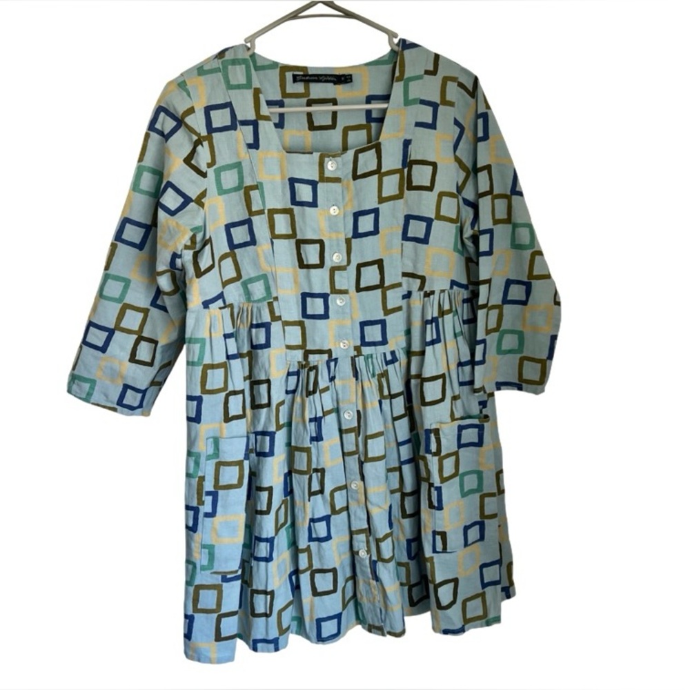 Gudrun Sjoden Linen Blue Geometric Print Square Neck Dress Women's Small
